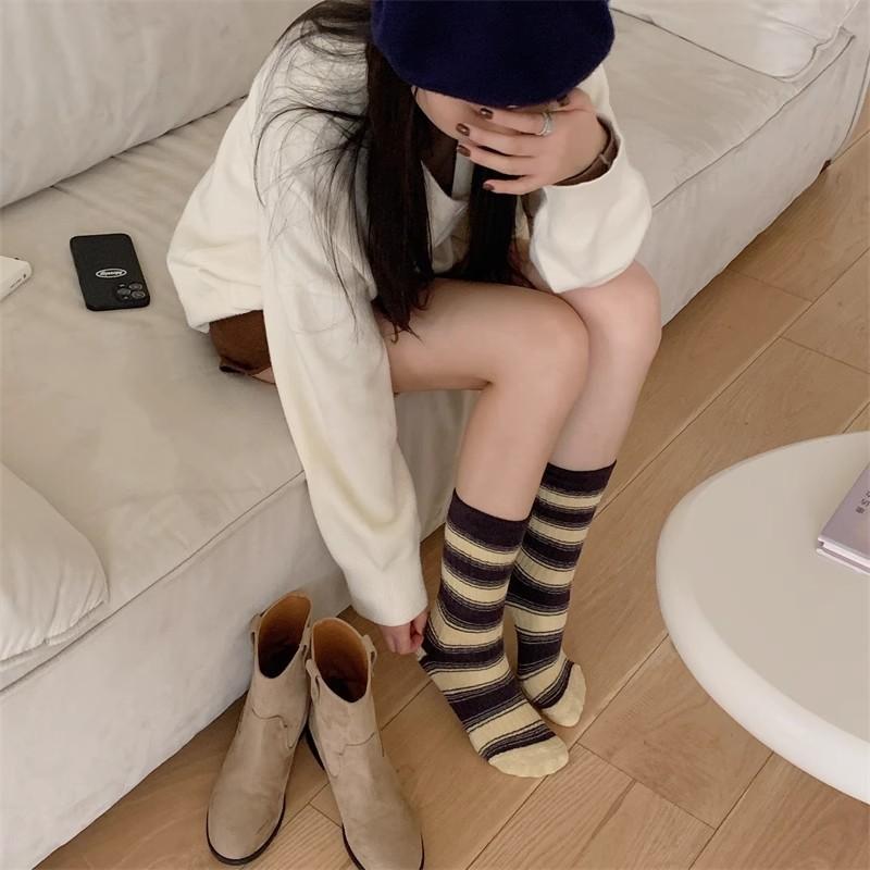 Female Spring and Autumn Vintage Towel Bottom Stripe Solid Color Tall Cotton Socks