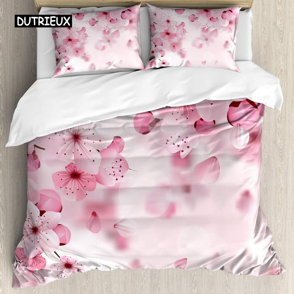 Japanese Duvet Cover Set Simplistic Cherry Blossom Tree Botanic Themed Pattern Fresh Organic Lines Bedding Set for Kids Girls