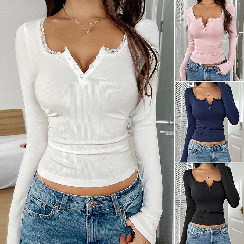 Ladies Autumn Winter Long Sleeve Square Collar Button Solid Color Slim Fit Pullover T Shirt Top