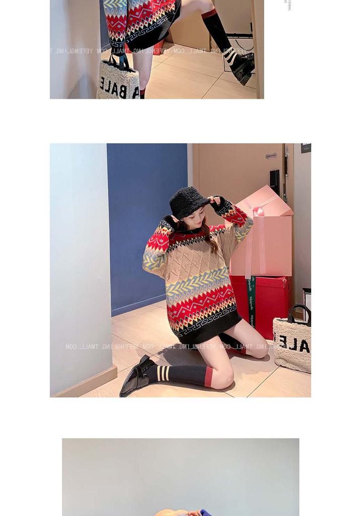 Autumn/Winter 2023 Women's Colorful Pattern Loose Knit Sweater - Round Neck, Long Sleeve Pullover