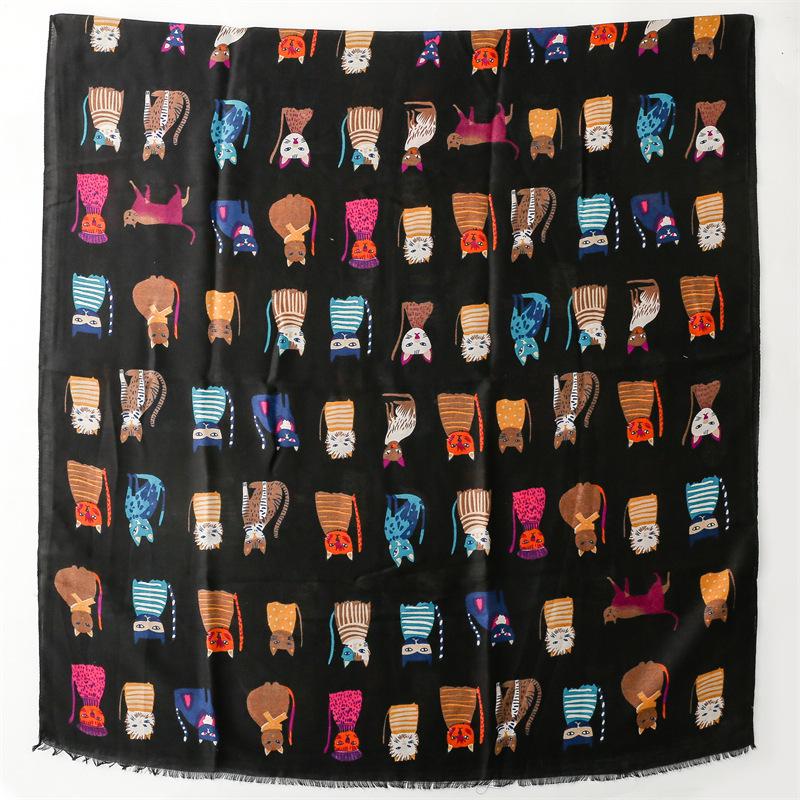 Autumn/Winter Cotton-Linen Silk Scarf: Fashionable Cartoon Kitten Print Shawl for Women