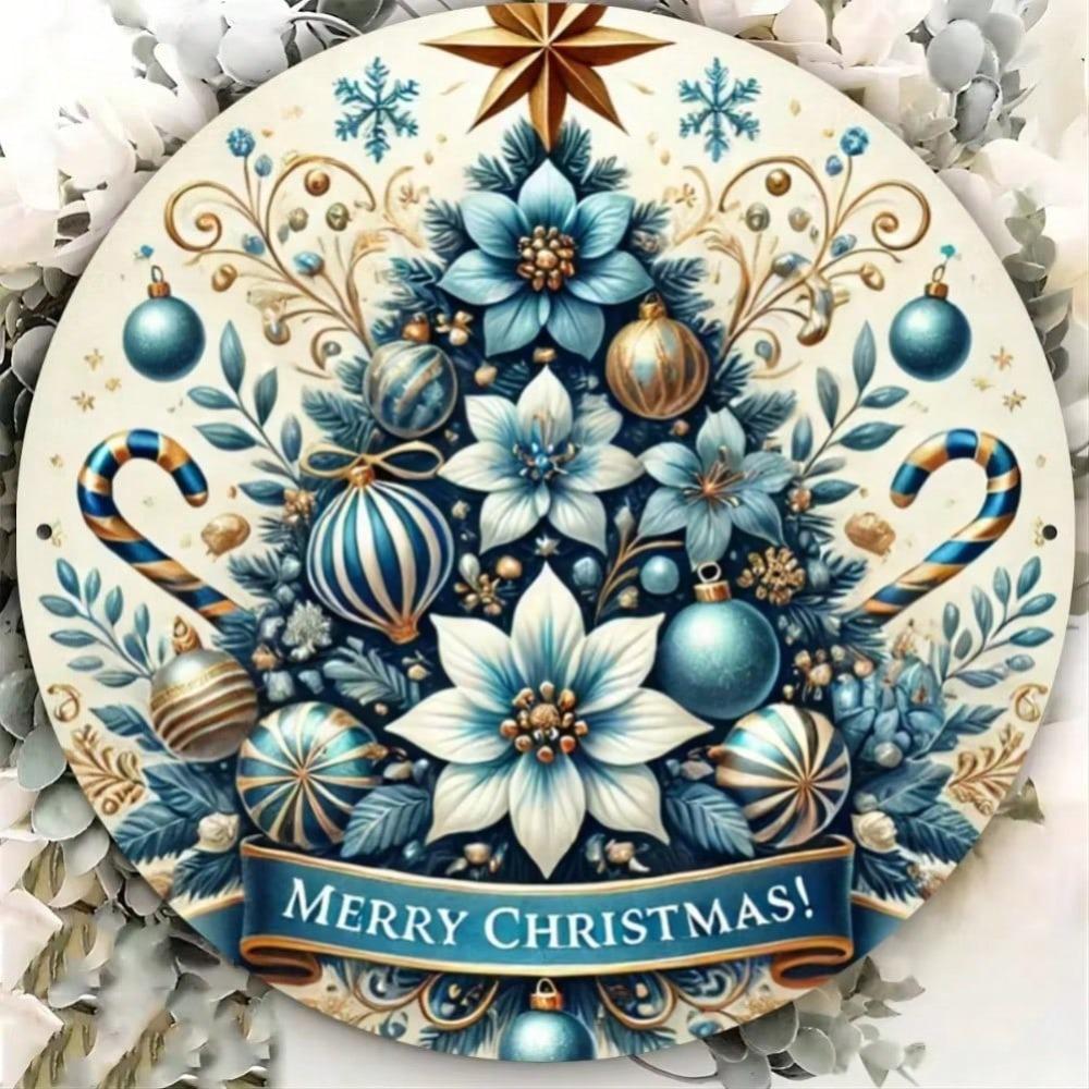 Retro Blue Christmas Tree Metal Tin Sign Wall Art for Farmhouse Home Kitchen Decor
