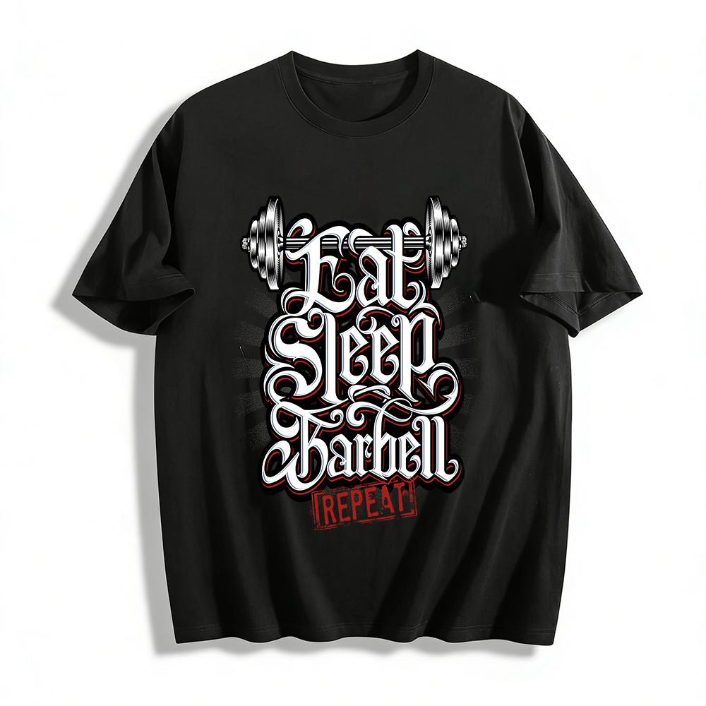 Eat Sleep Barbell Repeat Gym Lover Weightlifting Graphic Tee Pure cotton T-shirt XXS