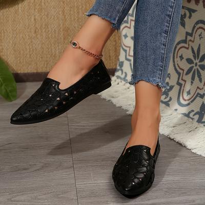 Embroidered Openwork Pointed-Toe Flat-Soled Loafers for Women, Plus Size, Low-Cut Slip-Ons, All-Season Leather Work Shoes
