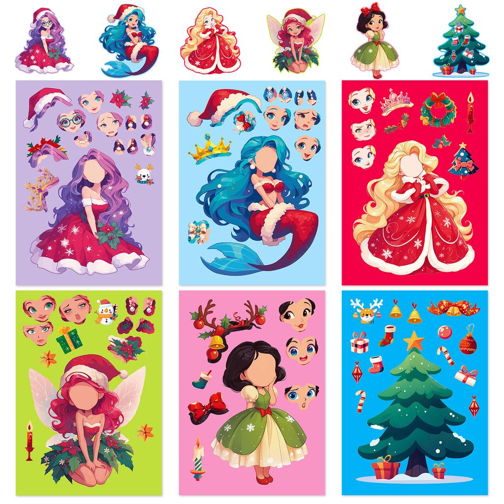 6 Types Christmas Themed DO IT YOURSELF Cartoon Graffiti Decal Stickers Face Replacement Child Interaction Christmas Tree Decor