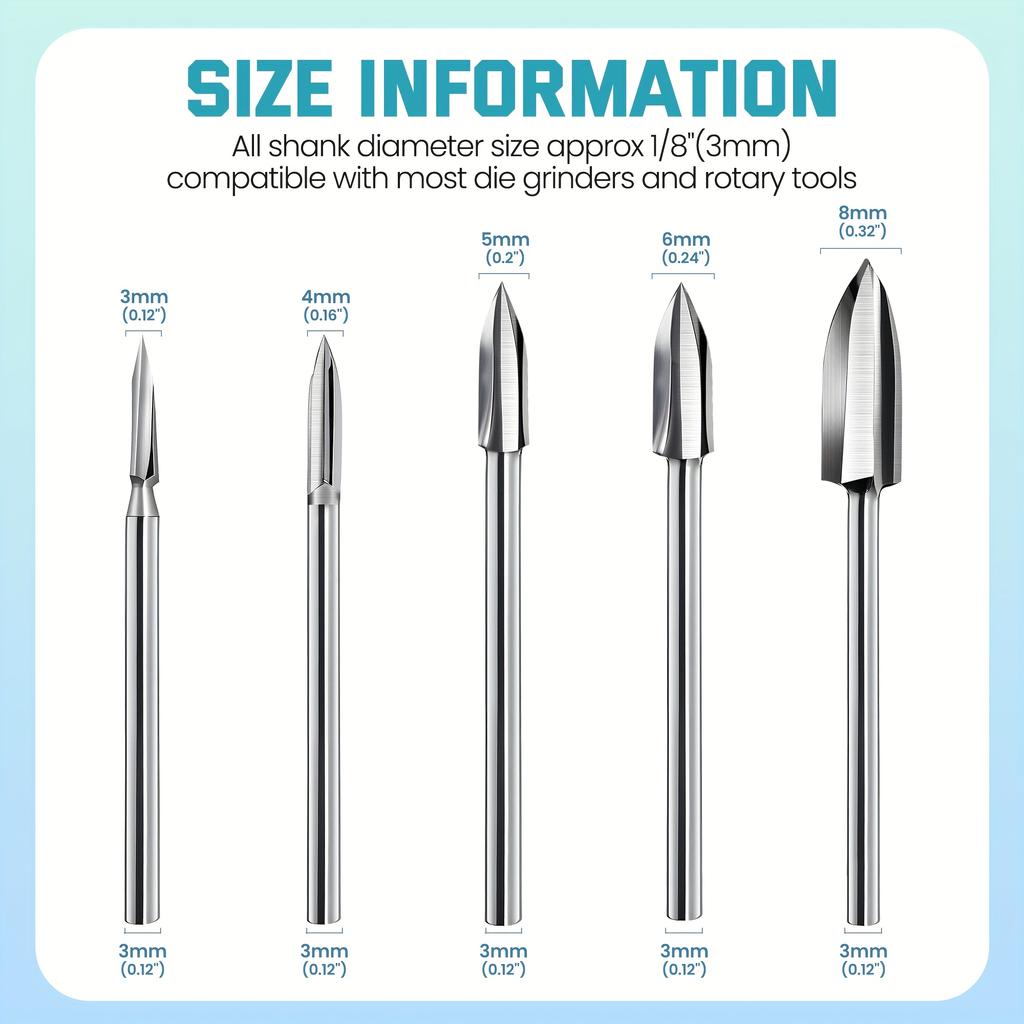 5Pcs Wood Carving Engraving Drill Accessories Drill Bits Wooden Crafts Grinding Woodworking Tools with 1/8 Shank Rotating Tools