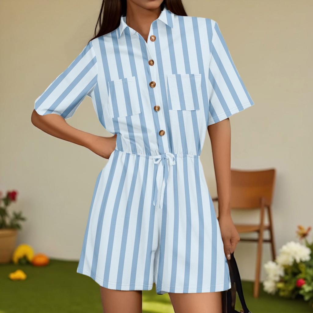 Women's Fashion V-neck Jumpsuit Plaid Casual Short Sleeve Top Jumpsuit