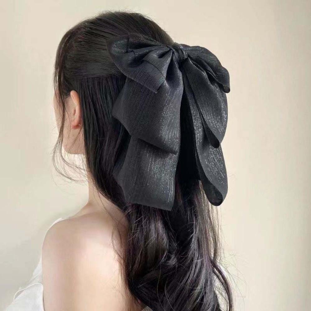 Beads Black Bow Shark Clip French Style Women Sequin Hairgrips Shiny Rhinestone Hair Claw Daily