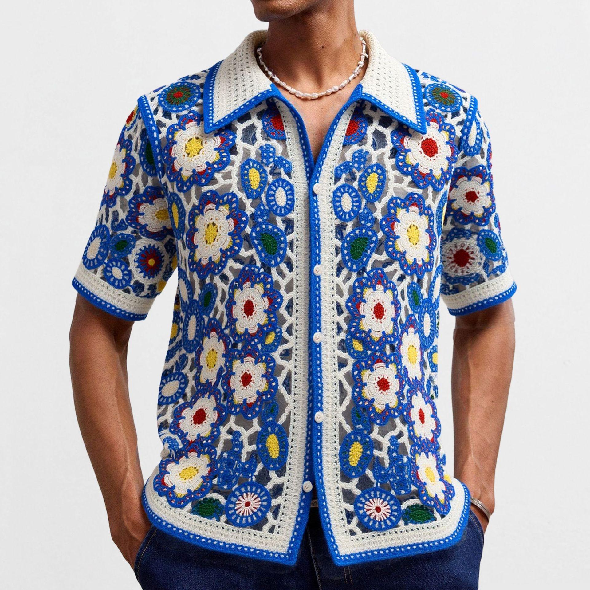 

Knit Short Sleeve Shirt for Men Casual Button Down Shirt Vintage Knitted Golf Beach Collared Shirts Tops Men s Crochet Hollow Out Summer Vacation Top M синий