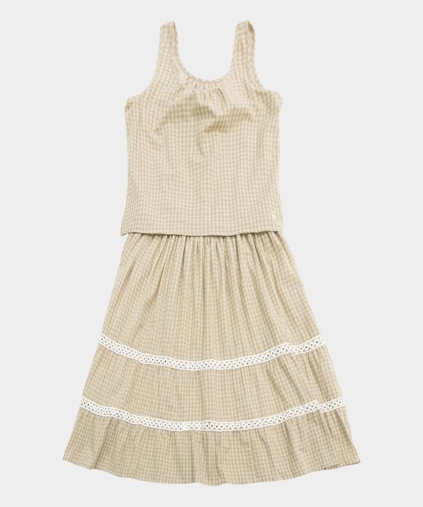 Some Place Check Mix Lace Voluminous Flare Tiered Shirred Sleeveless Layered Long Dress [Beige]