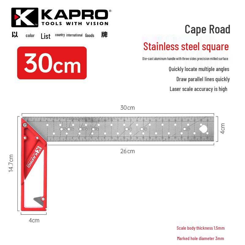Cape Road 353 Acier Inoxydable Angle Droit 45°/90° Règle de Traçage et de Marquage pour le Travail du Bois
