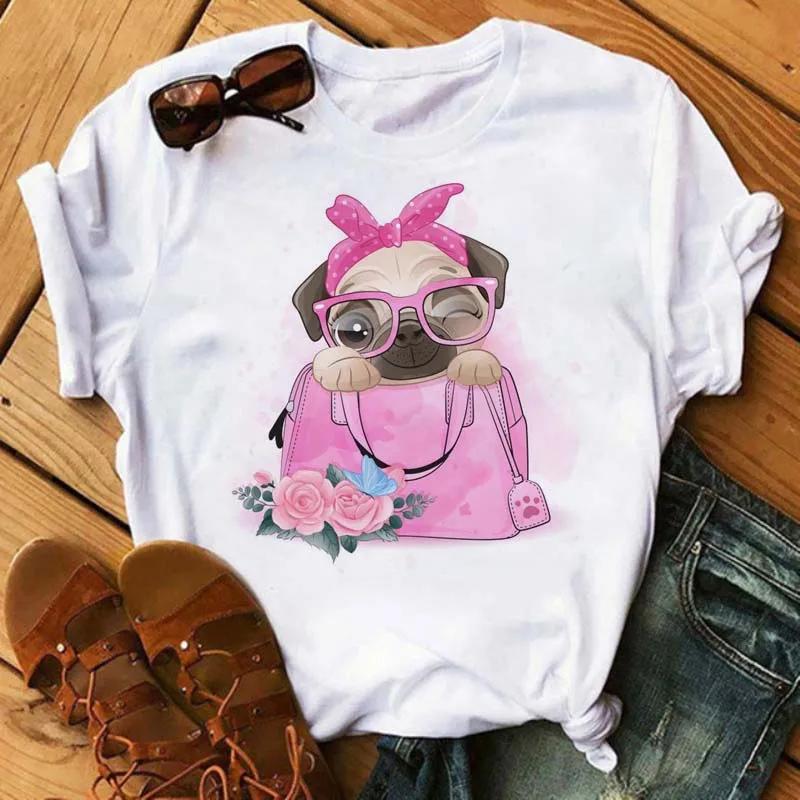 Fun Cute French Bulldog T-shirts Animal Harajuku Print Pattern Short Sleeves  Pure Cotton Women's T-shirts