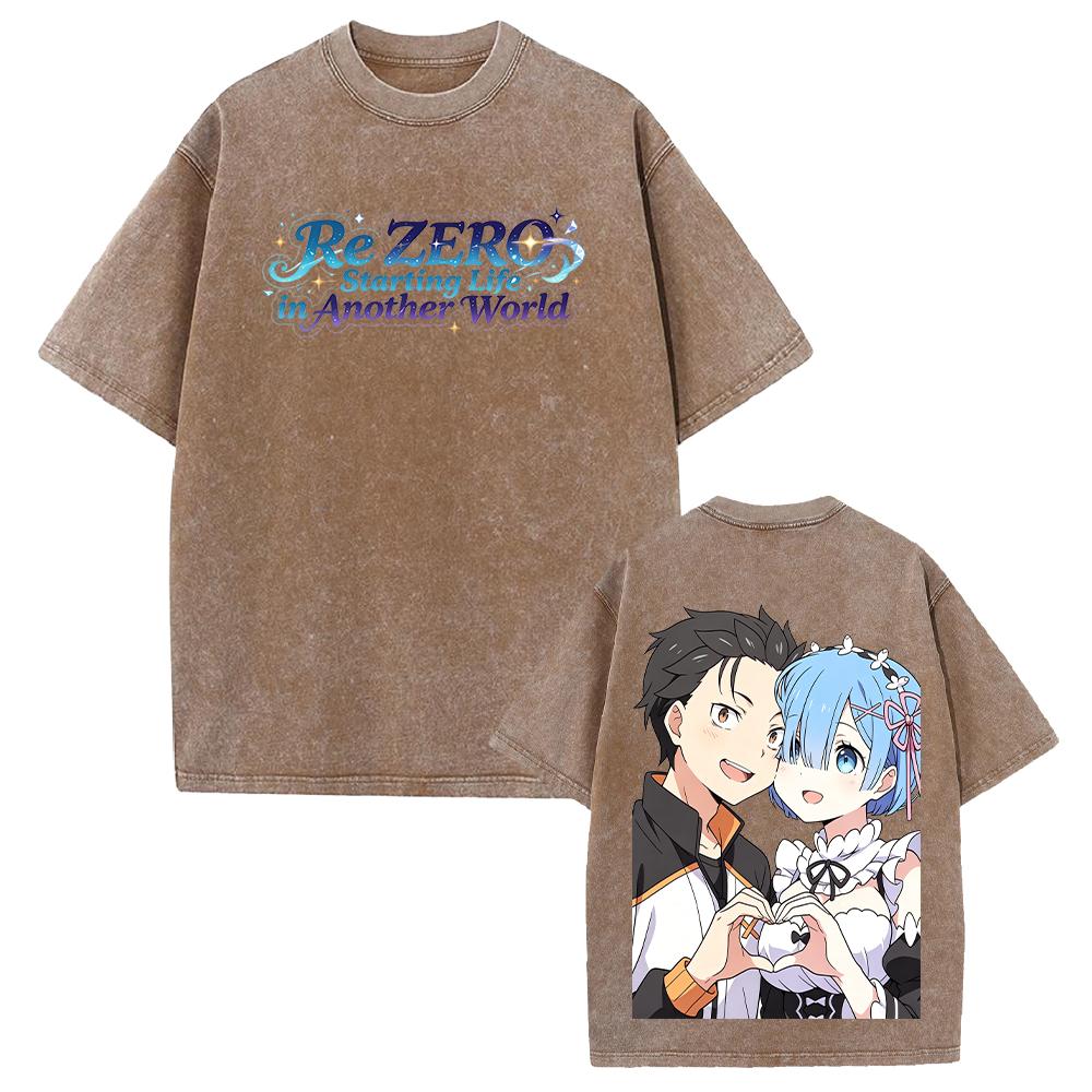 Rem And Natsuki Subaru Couple Print T-shirt Anime Re ZERO Clothing Men Women Cotton Tshirts Retro Washed T Shirt Oversized Tops