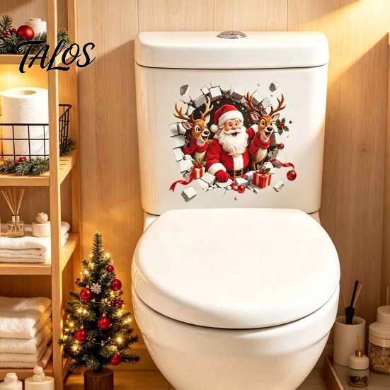 Christmas Gift for Bathroom 3D Break Through Wall Santa Reindeer Toilet Sticker, Self-Adhesive Holiday Seat Stickers Decal, Waterproof Lid Decor Home