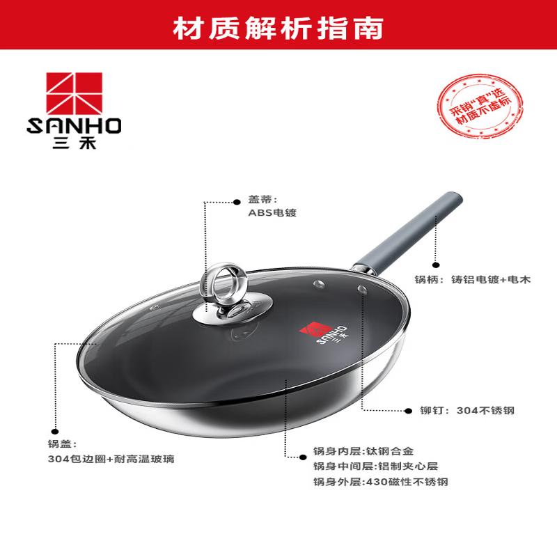 Sanhe 0-Coating Titanium Stainless Steel Non-Stick Wok