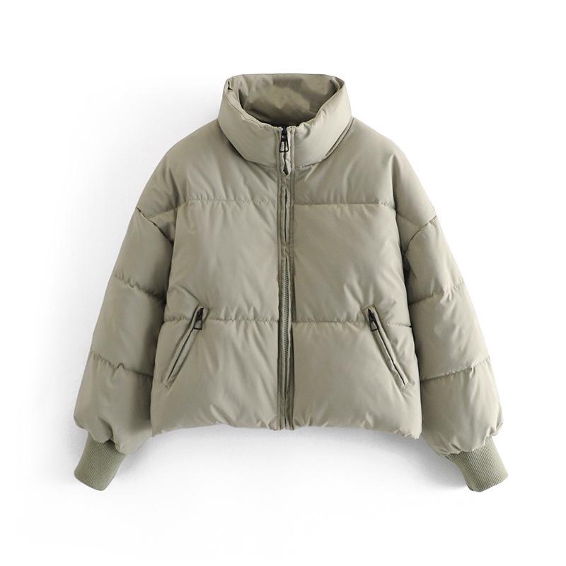 Automne Hiver Femmes Doublure En Coton Court Parka Veste Manteau avec Col Montant Couleur Unie Style Preppy Épais Poches À Fermeture Éclair Oversize XS-L