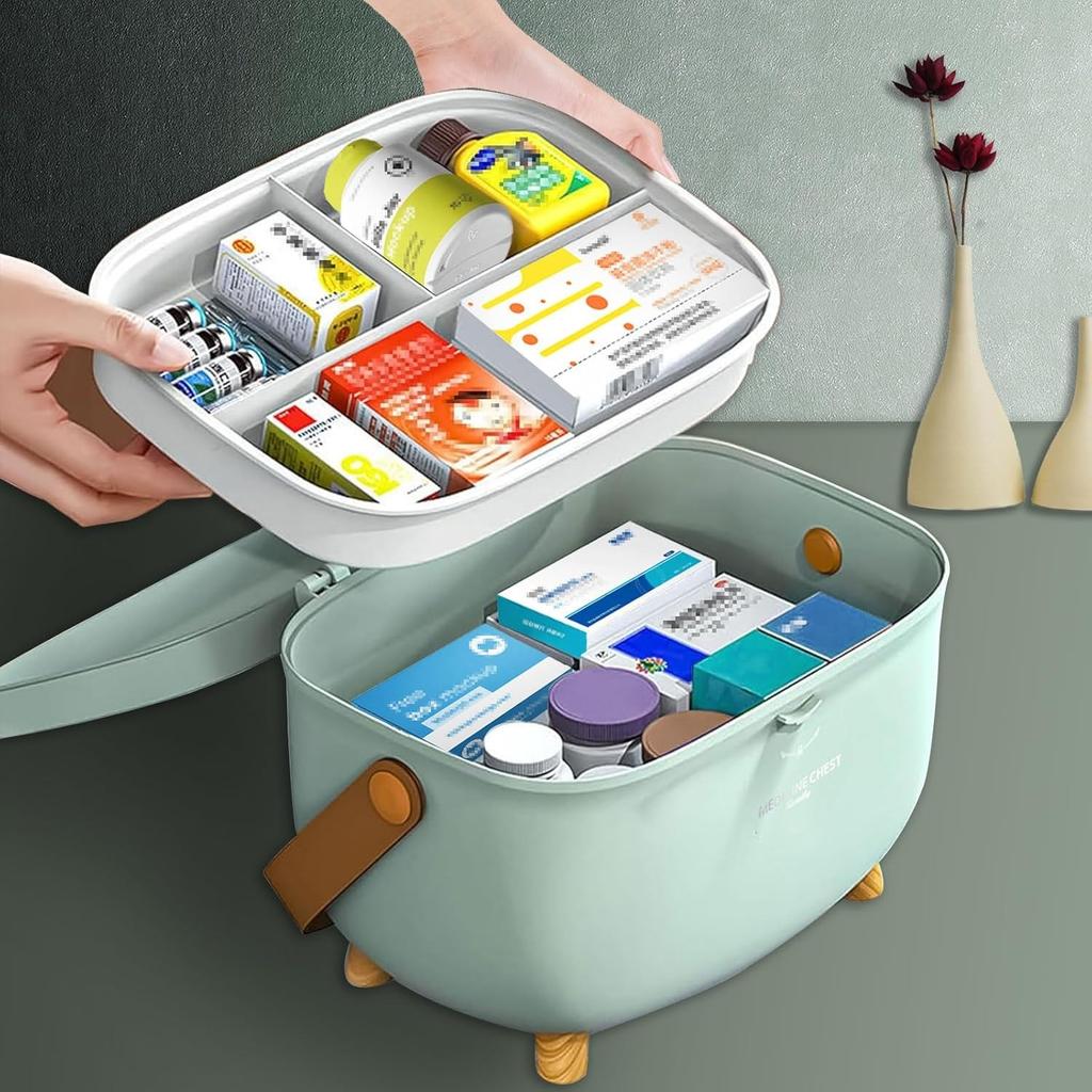 Portable First Aid Box, Double Layers Medicine Storage Box, Large Capacity Medical Organizer Chest, Oval Multi Grid Medication Cabinet with Lid