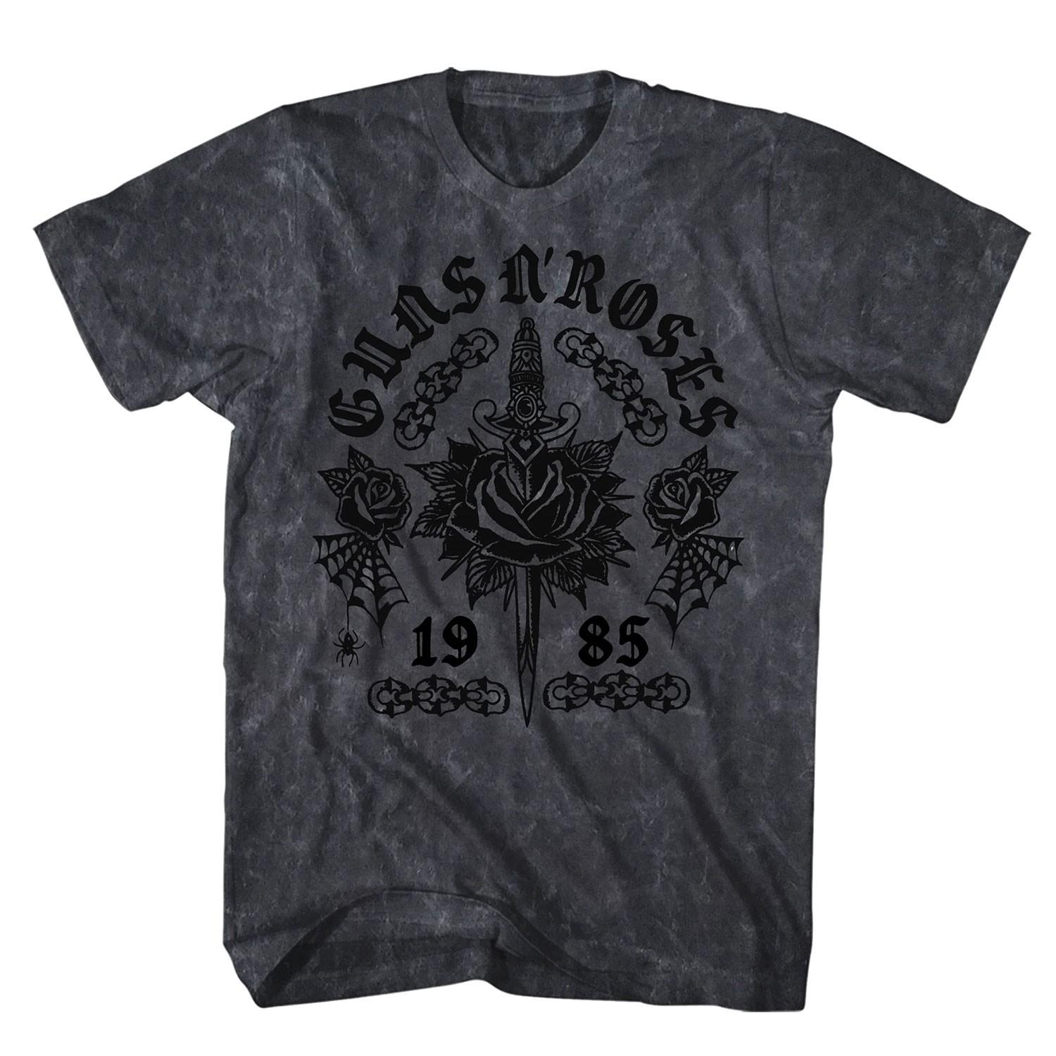 Men s Guns N Roses Rose Tattoo Flock Technique Black Mineral Wash T-shirt Small S