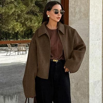 2025 Women's European & American Style Woolen Zipper Jacket: Loose, Casual Lapel Long Sleeve Coat for Autumn/Winter