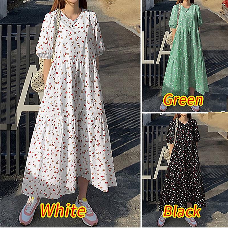 

Женское платье с круглым вырезом и половиной рукава, летняя мода, повседневное длинное платье с цветочным принтом
