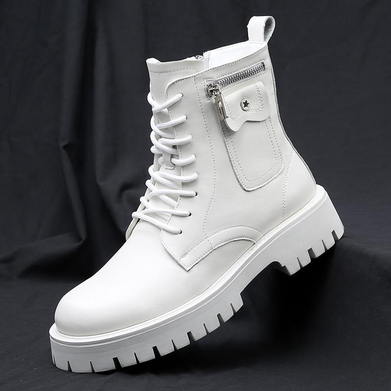 Mode Klassische Weiße Herren Leder High Top Schuhe mit Seitenreißverschluss Herbst Neu Bequeme Leder Britischer Stil Dickbesohlte Kurze Stiefel