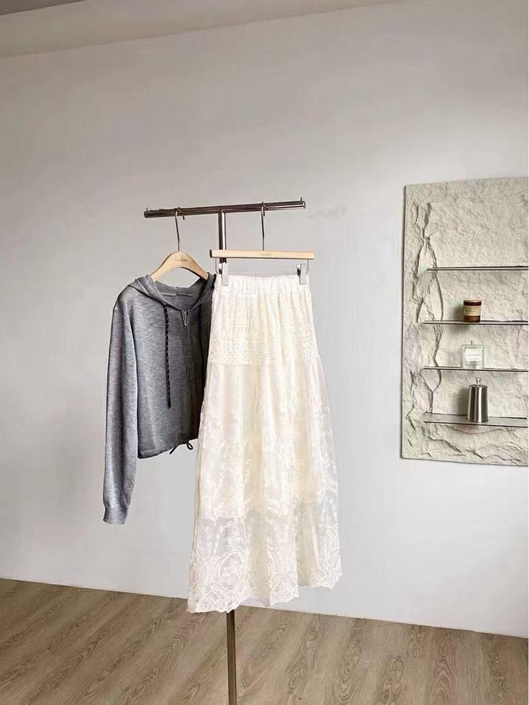 Elegant French Lace Embroidered A-Line Skirt for Women - High Waist, Wide Hem, Long, Layered Design for Autumn/Winter