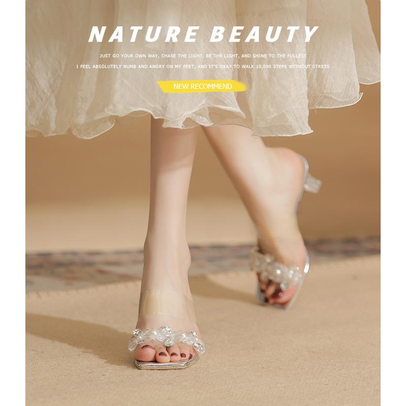 7315 High-heeled Slippers Women's New Transparent Crystal Heel Cool Slippers Square-heeled Sandals In Summer 2025