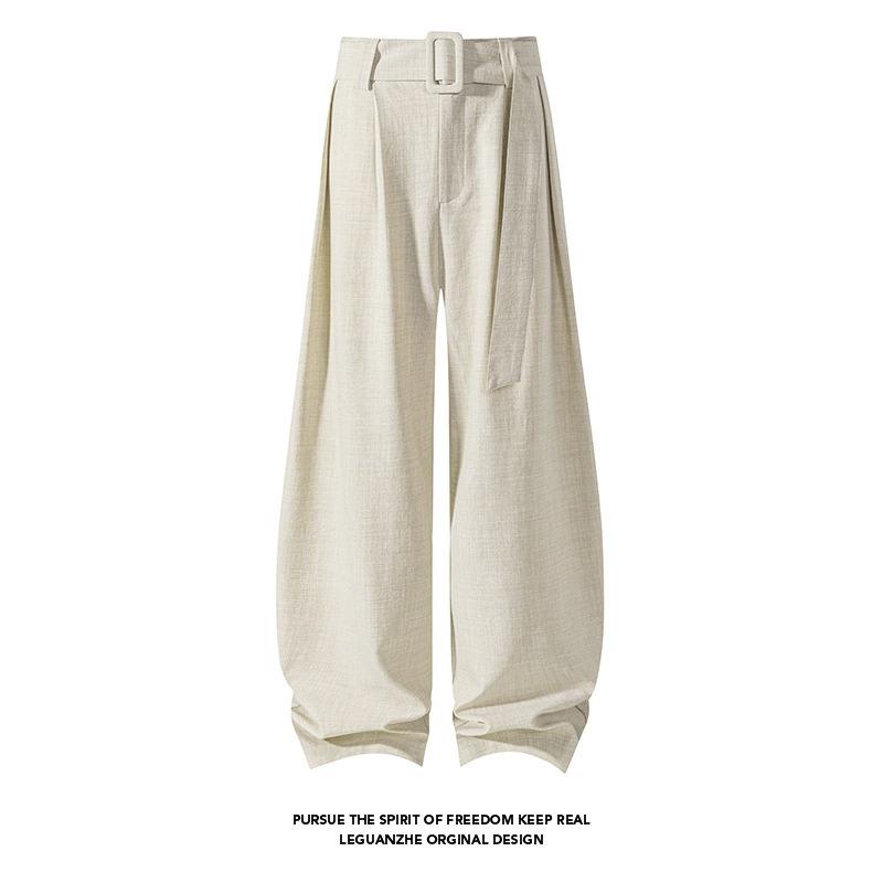 Men Loose Wide Leg Linen Like Curved Cut Casual Long Pants
