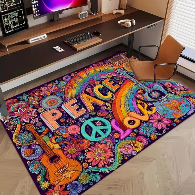 VIKAMA Hippie Peace & Love Area Rug, Non-Slip Washable Boho Carpet, Colorful Retro Guitar & Rainbow Print Floor Mat Living Room