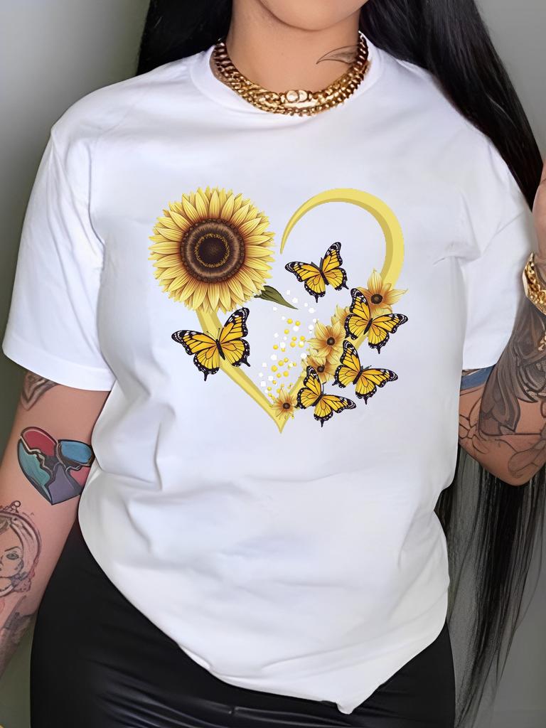 Women's Comfit Sunflower T-Shirt Sunflower with Butterflies Women's Comfit T-shirt Casual Crew Neck Short Sleeve Top