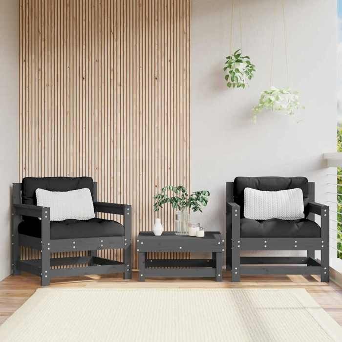 VidaXL Chaises de jardin et coussins lot de 2 gris bois de pin massif, chaise longue, chaise d'extérieur, siège d'extérieur, 825564