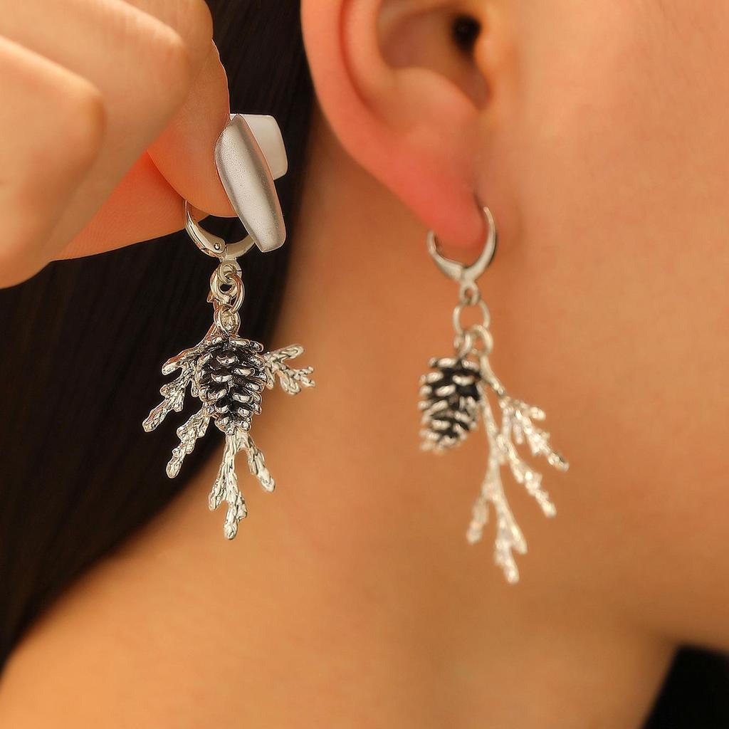 Retro Pine Cone Branch Earrings - Silver & Gold Dangle, European-American Autumn/Winter Fashion for Women