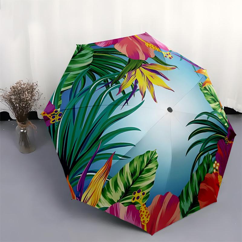 1pc Tropical Flowers Automatic Folding Umbrella, Portable Collapsible Design, 8-Rib Iron Frame, Outdoor Accessory yy250905072
