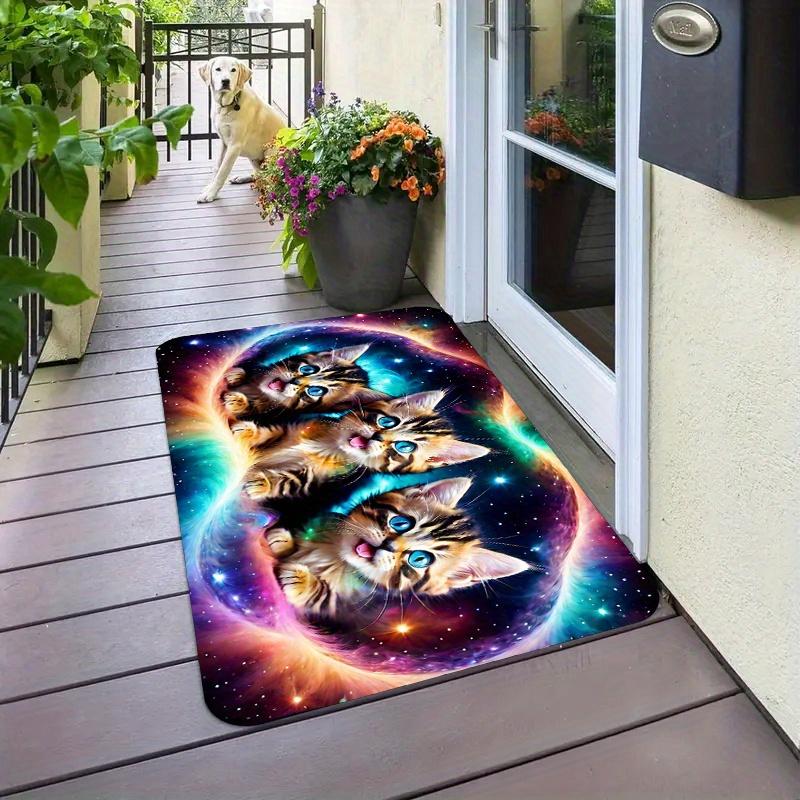 Colorful Galaxy Three Kittens Print Doormat, Non Slip Waterproof Cute Cat Entryway Floor Rug for Front Door Indoor Porch Home Decor