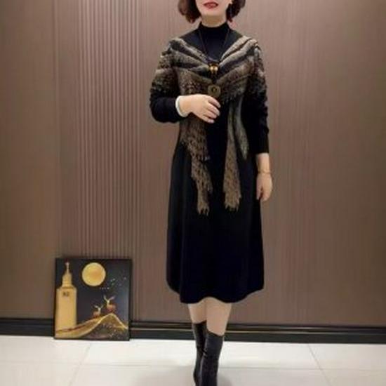 Autumn 2025 Slimming Plus Size Knit Dress with Half High Collar - Fashionable and Age-Reducing for Stylish Moms