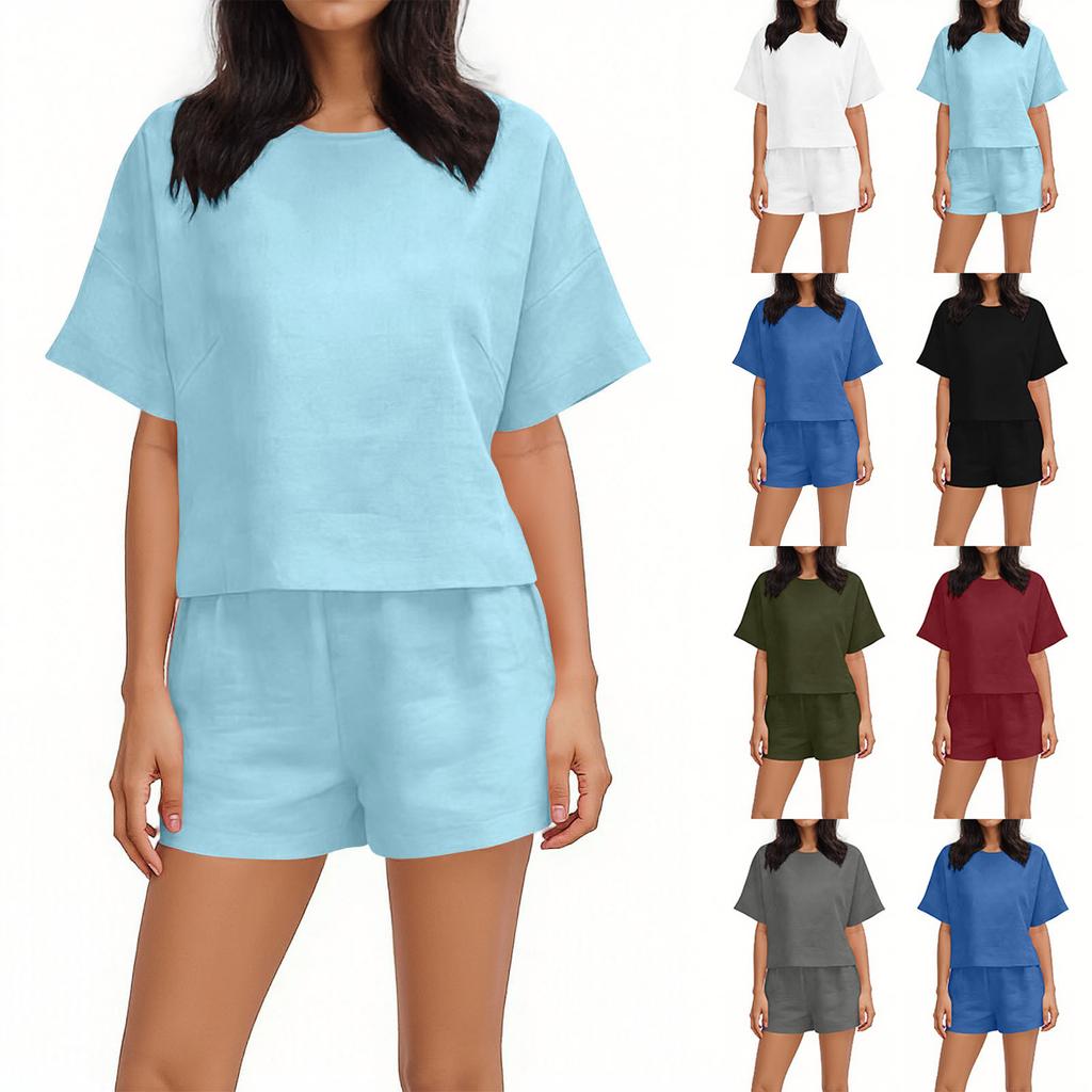 Fashionable Women's Color Casual Round Neck Loose Summer Shorts Top Set