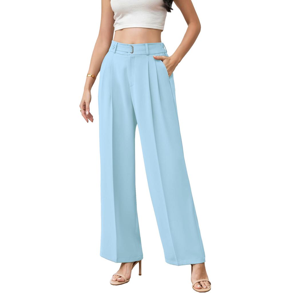 Women's High Waist Wide Leg Pants with Belt Business Casual Straight Leg Trousers for Office and Daily Wear