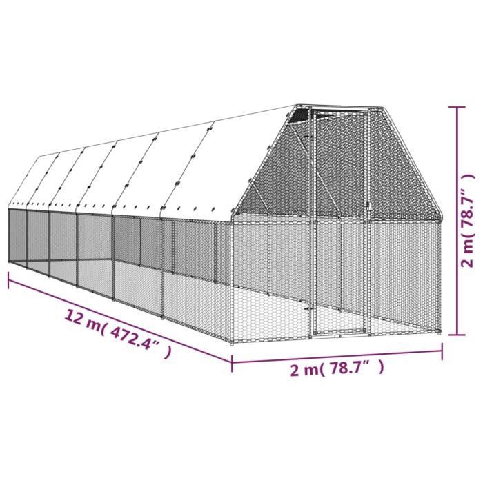 3154375 vidaXL Outdoor Chicken Coop 2x12x2 M Galvanized Steel