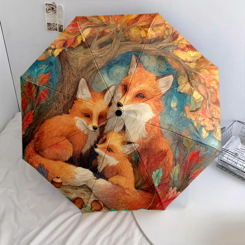 0106 Fox Family  pattern, automatic folding umbrella, portable and foldable design, 8 ribs, a Christmas or birthday gift.