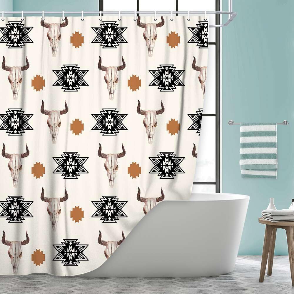 Western Bohemian Shower Curtain Tribal Bull Skull Geometric Beige Bathroom Decorative Shower Curtain With Hook
