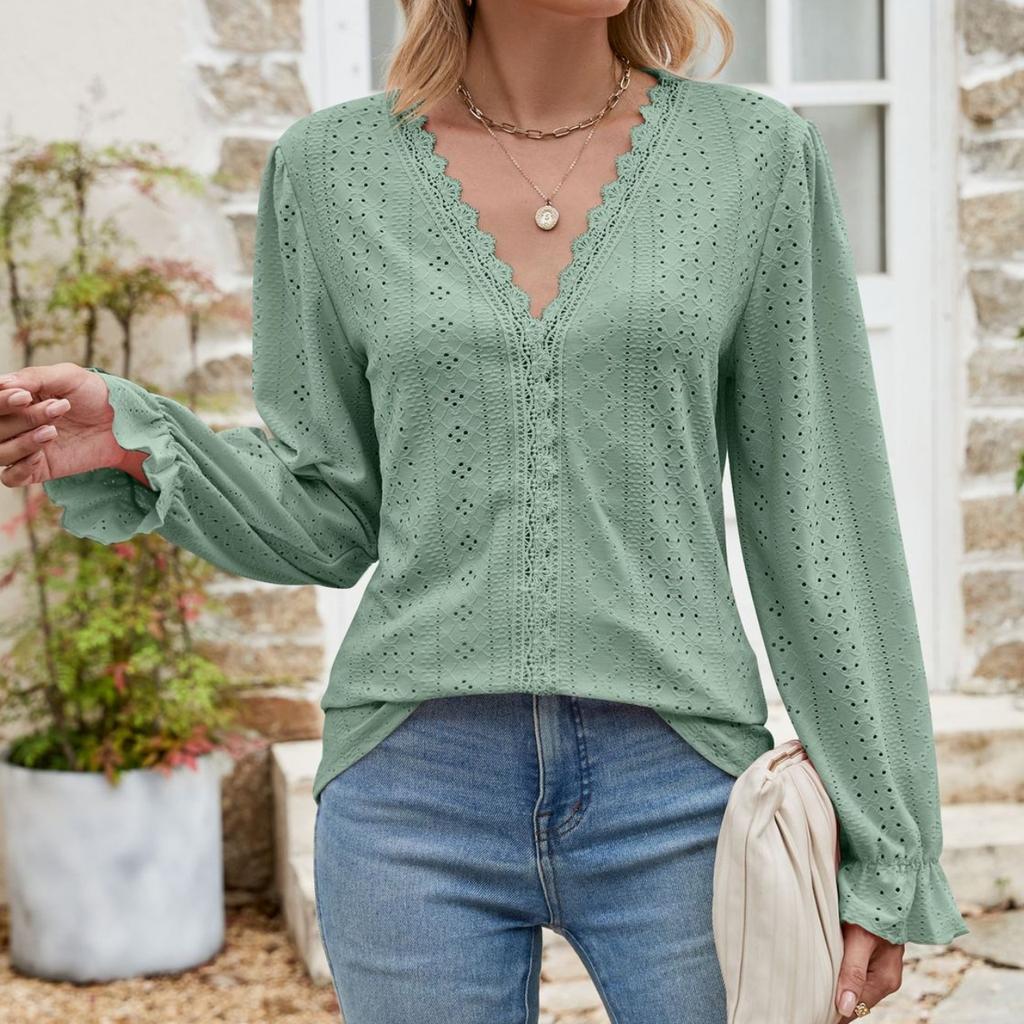 GMXIA Women's Fashion Casual Summer Spring Solid Color Print Long Sleeve V-Neck Loose Blouses & Shirts