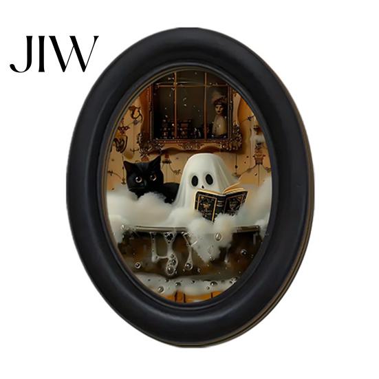 Unique Housewarming Gifts Halloween Wooden Door Hanging Sign, Oval Gothic Black Cat Ghost Wall Plaque, Retro Decoration Waterproof Decor Art