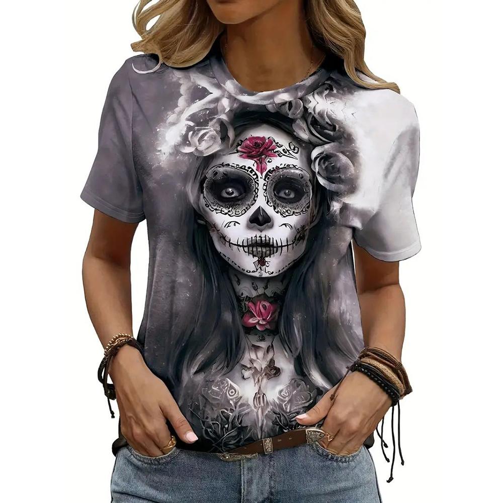 Women Skull Print T-Shirt For Print Harajuku Short Sleeve Tops Autumn O Neck Oversized Sweater Female Casual Clothes