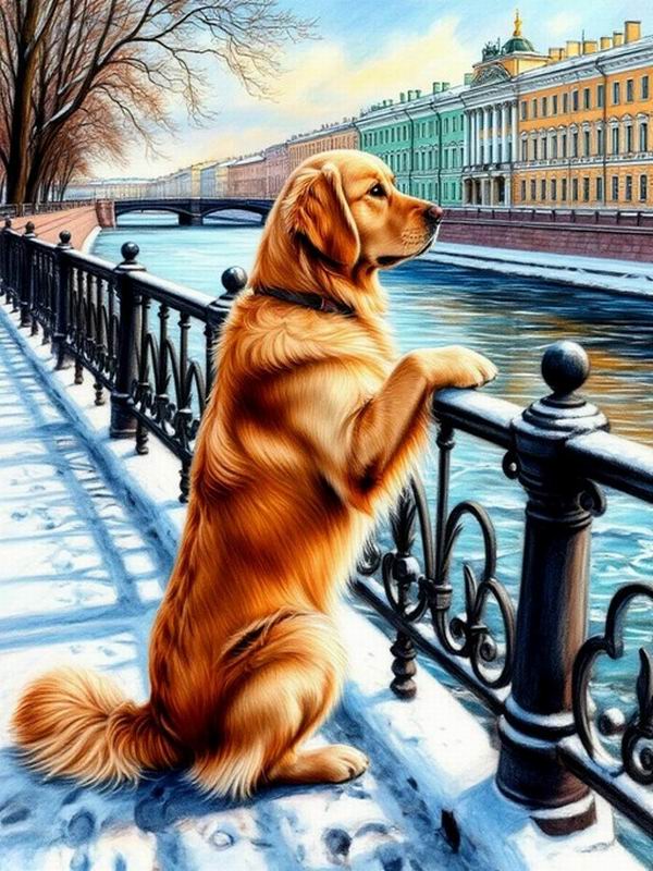 Алмазная мозаика Желтая собака у реки DIY Полная квадратная круглая мозаика Стразы Вышивка Животные Мозаика Наборы для вышивания крестиком Настенный декор Square drill 30x40cm