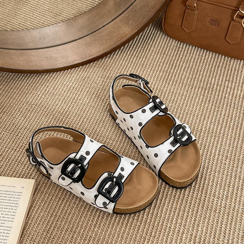 Polka Dot Korean Version Ins Retro Internet Celebrity Cork Sandals Women 2025 New Summer Wear Platform One Word Beach Shoes