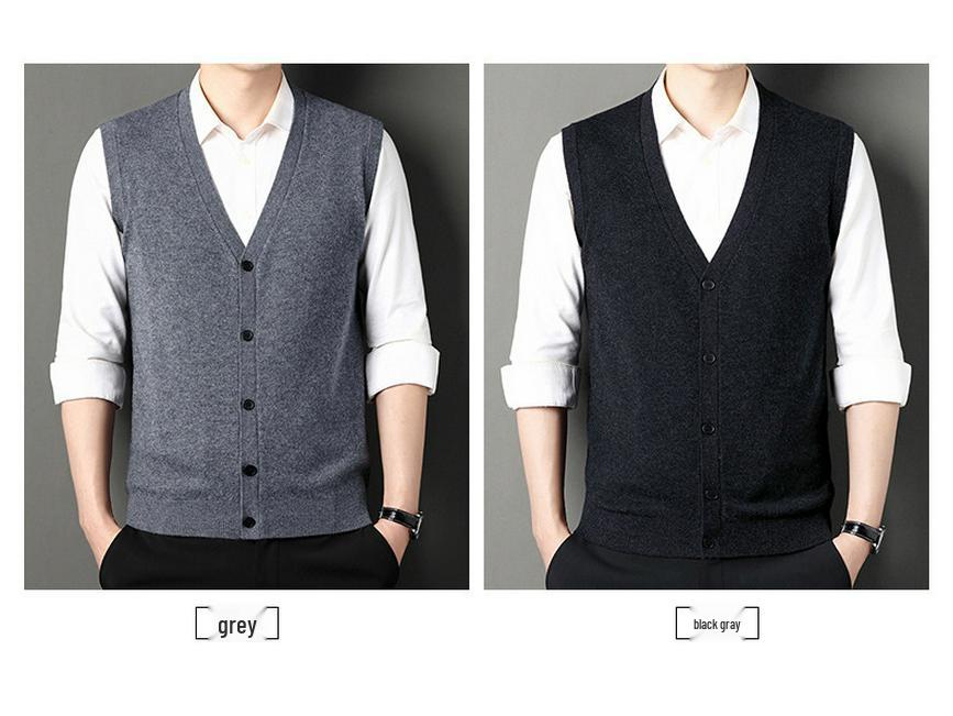 100% Pure Wool Men's Winter 2025 Cardigan Vest - Sleeveless, Middle-aged Style Sweater