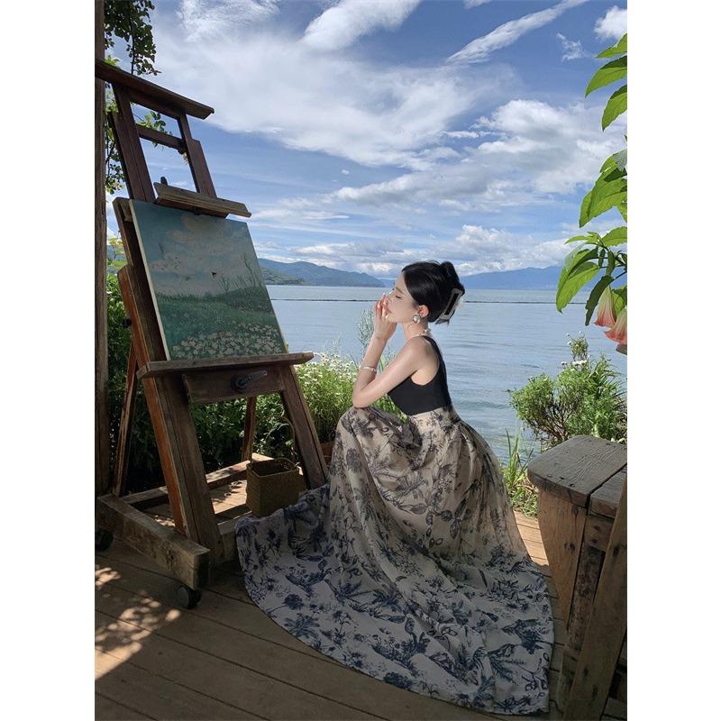 Летние женские лоскутные винтажные длинные платья с бретельками на шее XL чёрный/белый — фото 5