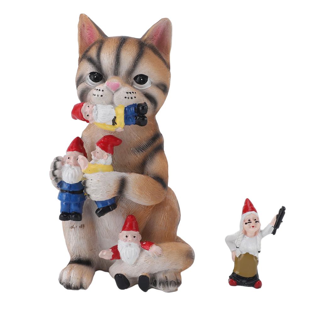 Cat Eating Gnomes Statue Resin Funny Fade Proof Cat Eating Gnomes Sculpture for Outdoor Garden