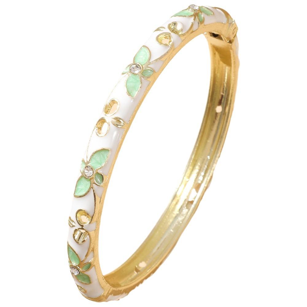 Elegant Open Cuff Bracelet Chinese Style Women's Floral Bracelet Enamel Flower Bangle Bride