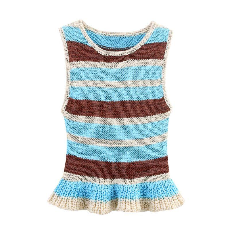 Kaslead New Women clothes Western Style Laminated Decoration Stripe Sleeveless Knitted Top 2142099 330